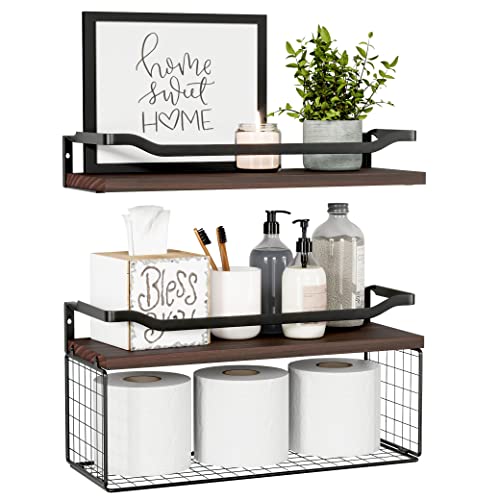 WOPITUES Floating Shelves with Wire Storage Basket, Bathroom Shelves Over Toilet