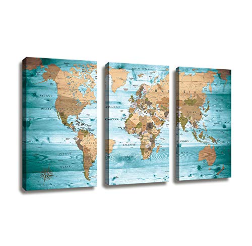 World Map Wall Art Vintage Photos Nautical Decor Canvas Art Wall Decor/3 Pieces Large Modern Framed Wall Art Map of The World Canvas Prints Travel Memory for Home Office Decor Overall 48 x 28 Inches