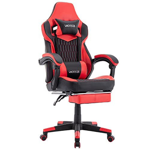 WOTSTA Gaming Chair with Footrest, High Back Gaming Chairs PVC Leather Ergonomic Office Gamer Chair with Adjustable Headrest Lumbar Support Racing Style Chair for Office/Home (Black&Red)