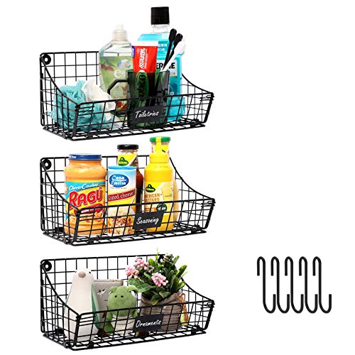 X-cosrack Wall Basket Storage with 5 S Hooks 3 Label -3Pack