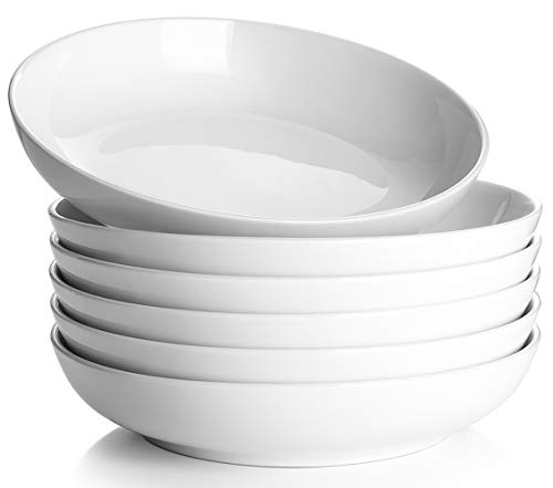 Y YHY Pasta Bowls, 30oz Salad Bowls White Soup Bowls Large Pasta Serving Bowl Porcelain Pasta Plates Wide and Shallow Bowls Set of 6 Microwave Dishwasher Safe
