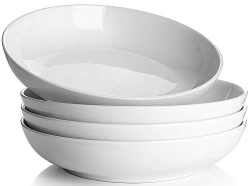 Y YHY Pasta Bowls 32oz, Ceramic Large Salad Serving Bowls, White Pasta Bowls Set, Shallow Soup Bowl Set of 4, Microwave & Dishwasher Safe