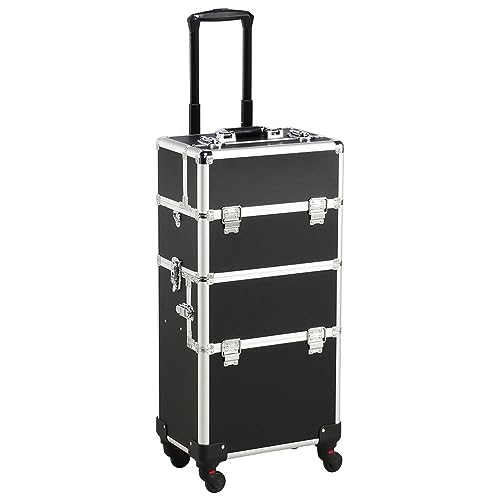 Yaheetech Rolling Makeup Train Case 3 in 1 Cosmetic Makeup Case Large Aluminum Trolley Makeup Travel Case Professional Rolling Cosmetic Beauty Storage, with 360° Swivel Wheels, Black