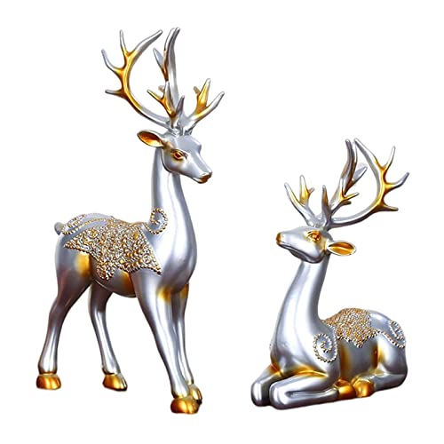 Yajuyi 2X Couple Deer Statue Decorative Creative Stag Figurine for Indoor Tabletop Office, Argent