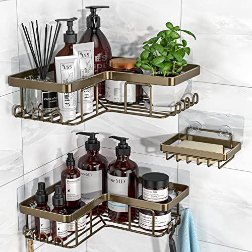 YASONIC 3-Pack Corner Adhesive Shower Caddy with Soap Holder and 12 Hooks, Rustproof Stainless Steel Shower Organizer, No Drilling Wall Mounted Shower Rack, for Bathroom, Brown