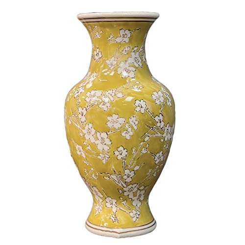Yellow and White Sakura Ceramic Vase - Hand Painted Porcelain Japanese Flower Bottle