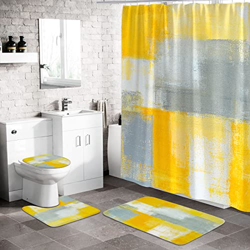 Yellow Ombre Bathroom Curtain Set with Rugs