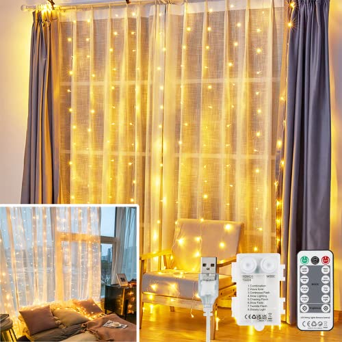 YEOLEH String Lights Curtain USB or Battery Powered,Bedroom Fairy Curtain Lights for Wedding Wall Bedroom Christmas Decorations with Timer (Warm White,7.9Ft x 5.9Ft)