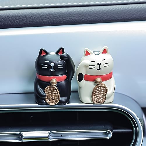 YGMONER Mini Lucky Cat Figurine Black and Beige Car Dashboard Decorations Vehicle Room Decor Accessories