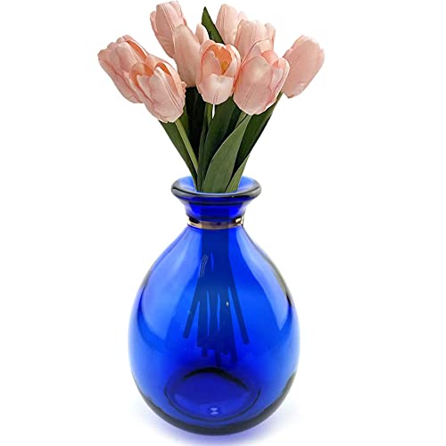 YILE Glass Vase for Flowers, Rounded Small Blue Glass Vase for Home Decor Gift Centerpieces Events (Dark Blue & Gold)