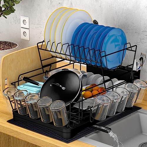 Dish Drying Rack for Kitchen Counter, MAJALIS 2 Tier Large Dish Drainers  with Drainboard Set and Utensil Holder, Dish Dryer Strainer (Black,  Stainless Steel) 