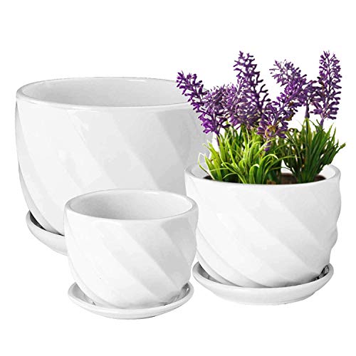 YINGERHUAN Set of 3 Ceramic Plant Pot - Flower Plant Pots Indoor with Saucers,Small to Medium Sized Round Modern Ceramic Garden Flower Pots (White)