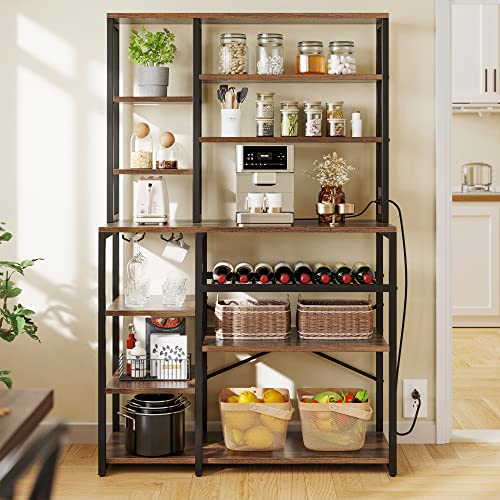 YITAHOME Kitchen Microwave Stand Bakers Rack, Coffee Bar Station Wine Storage Utility Shelves for Liquor Glasses Pantry Appliance Spice Pot Pan Freestanding Tall w Power Outlet Mug Holder 39", Rustic