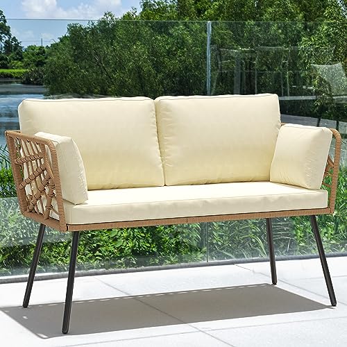 YITAHOME Wicker Outdoor Loveseat, All-Weather Patio Sofa for Balcony, Backyard, Pool, Porch, Deck, Outdoor Sectional Furniture Set with Table & Cushions - Beige