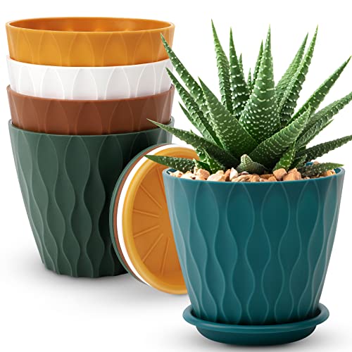 YNNICO 6 inch Plant Pots, 5 Pack Flower Pots Outdoor Indoor, Planters with Drainage Hole and Tray Saucer