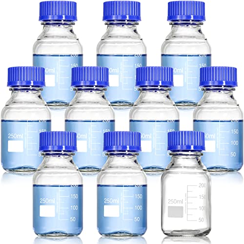 Yopay 10 Pack Media Storage Bottles with GL45 Blue Screw Cap, 250ml Reusable Glass Bottle, Round Scientific Glass Container for Labs, Classrooms or Home Use