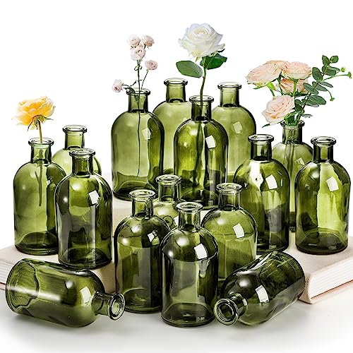 YOUEON 16 Pack Small Living Bud Vases - Vintage Green Glass Decor