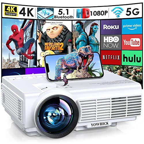 YOWHICK Projector with 5G WiFi Bluetooth Projector, Native 1080P Outdoor Projector 4K Support, Mini Portable Movie Video Projector with Screen, for HDMI, VGA, USB, Laptop, iOS & Android Phone