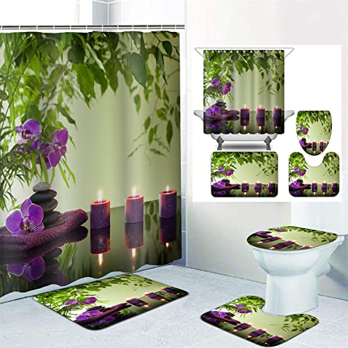 YSWOW 4PCS Bathroom Sets with Shower Curtain and Rugs and Accessories, Spa Relaxing Meditation Art Theme, Zen Bathroom Decor Shower Curtain Sets with Rugs Toilet Lid Cover and Bath Mat (Pattern 9)