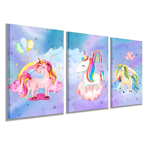 YUANAND Unicorn Wall Art Girl's Bedroom Decor - Rainbow Canvas Pictures for Kids Nursery Home Decor - Watercolor Framed Posters Paintings