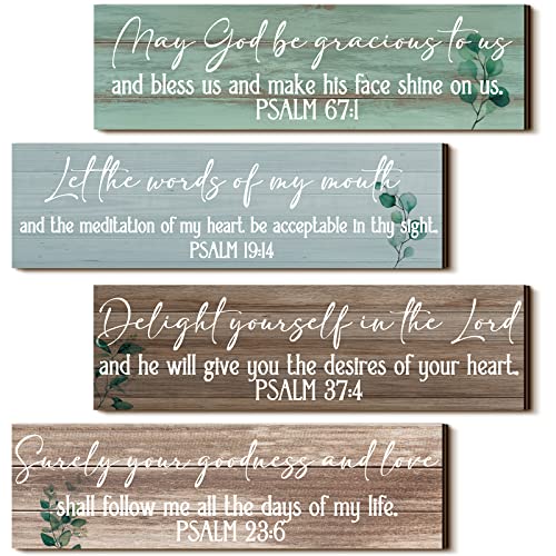 Yulejo 4 Pieces Bible Verses Wall Decor Psalms Scripture Wooden Christian Sign Rustic Wall Art Prayer Decorations for Home (Delicate Style)