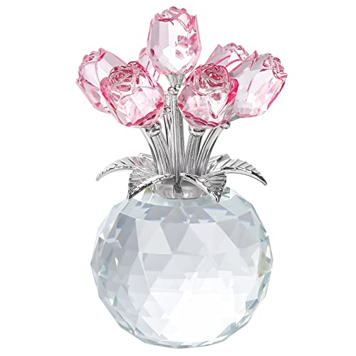 YWHL Handmade Crystal Pink Rose Flower Figurine with Round Vase, Rose Gifts for Girlfriend Wife Sister, Romantic Gifts for Mom on Mother's Day Birthday Valentine's Day, Wedding Home Decorations
