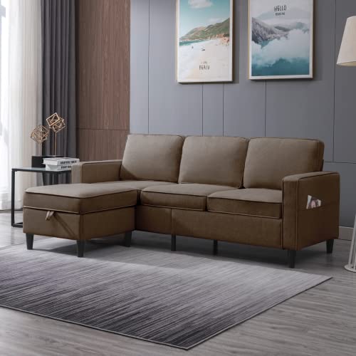 ZAFLY Convertible Sectional Sofa Couch with Storage Ottoman Brown