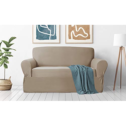 Zenna Home, Tan Furniture Cover: Stretch Plush 1-Piece Loveseat Slipcover