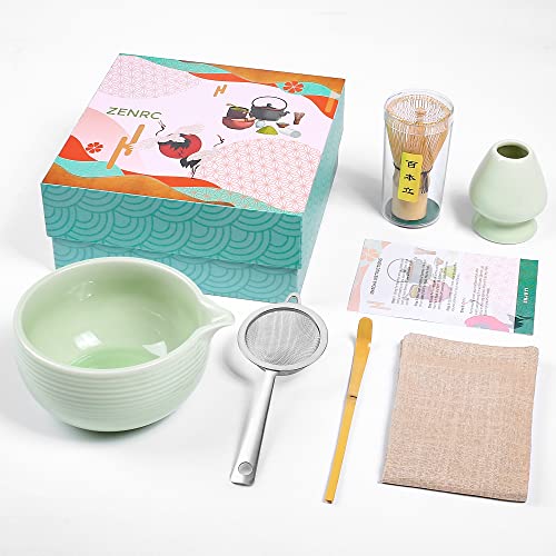 ZENRC Ceremony Matcha Kit - Traditional Bamboo Matcha Whisk (Chasen) Scoop (Chashaku) Chawan Bowl with Pouring Spout Whisk Holder Sieve Tea Towel- The Perfect Matcha Set (Apple Green, Set of 6)