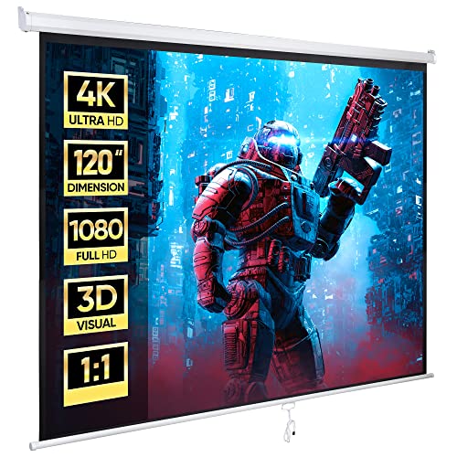 ZENY Portable Projector Screen Manual Pull Down 120 Inch 1:1 Hanging Projection Screen 4K Indoor Outdoor Movies Screen for Home Theater Office Video Game