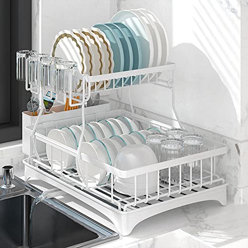 ZhenGuiRu 2-Tier White Dish Drying Rack with Drain Board