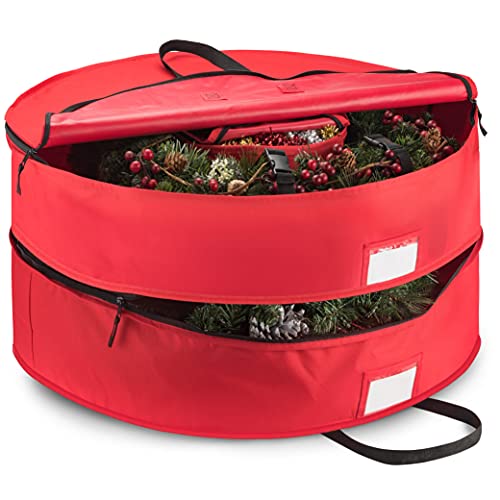 ZOBER Christmas Wreath Storage Container - 36 Inch Wreath Box, Garland Storage - 2 Zippers, Durable Handles - Holiday and Seasonal Wreath Storage Boxes - 2 Pack (Red)