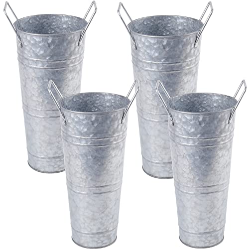 ZOOFOX Set of 4 Galvanized Metal Vases, 9" Farmhouse French Bucket with Handles, Rustic Style Metal Flower Holder for Home and Wedding Table Centerpiece Decor (Silver)