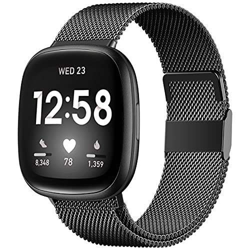 ZWGKKYGYH Compatible with Fitbit Sense Versa 4 Sense 2 and Versa 3 Bands for Men Women, Stainless Steel Breathable Mesh Metal Smartwatch Band Replacement Accessories Strap with Magnet Lock,Large Black