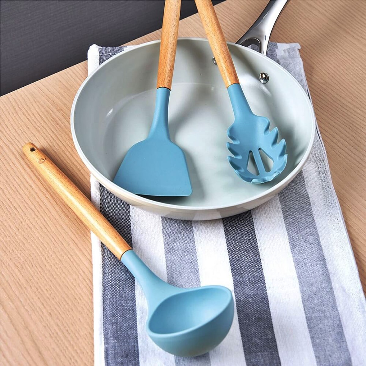 Smirly Kitchen Utensil Set & Holder - Essentials for New Home & 1st Apartment - Silicone Spatula & Cooking Spoon Set for Nonstick Cookware