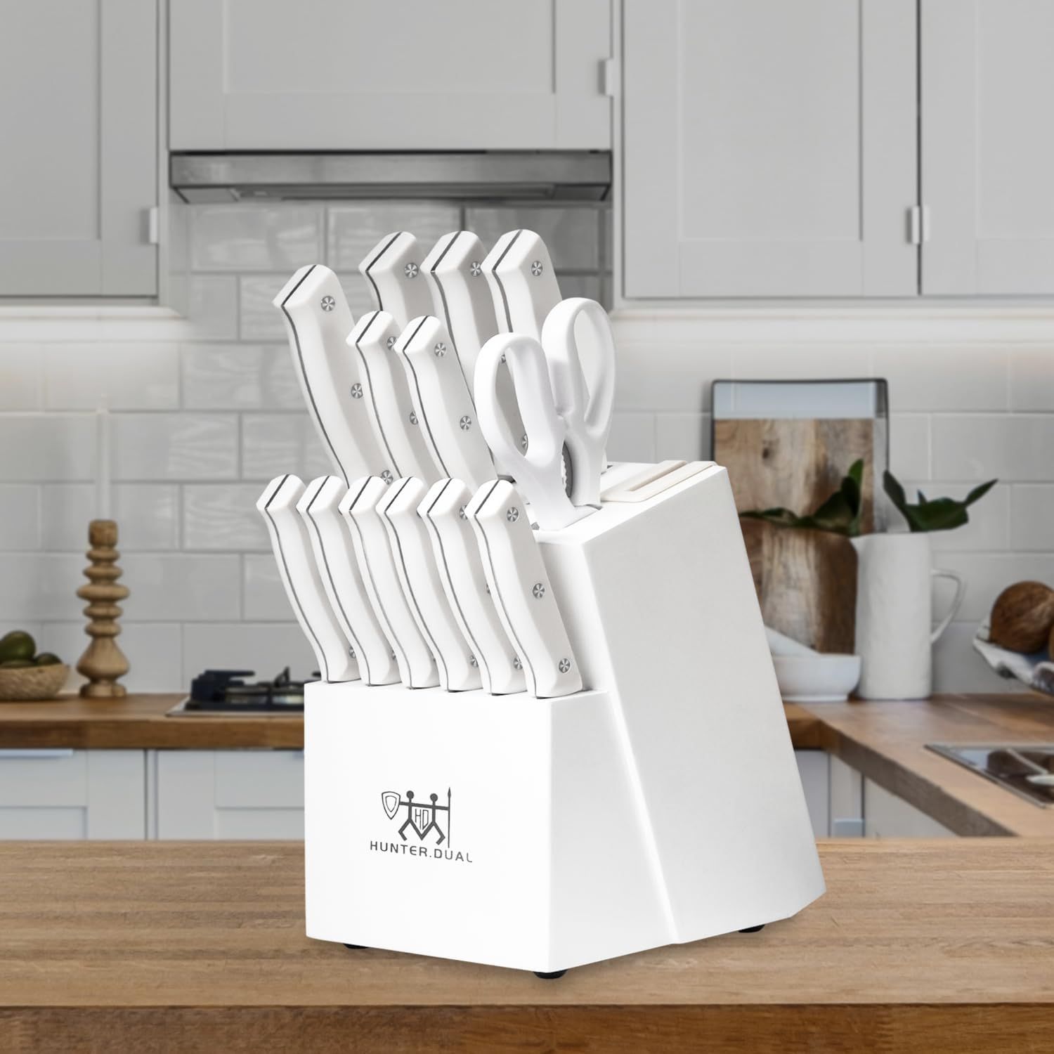 Knife Set, D.Perlla 16 Pieces White Kitchen Knife Set with Acrylic Stand,  High Carbon Stainless Steel, Non Stick Coated Knife Block Set, No Rust, Non