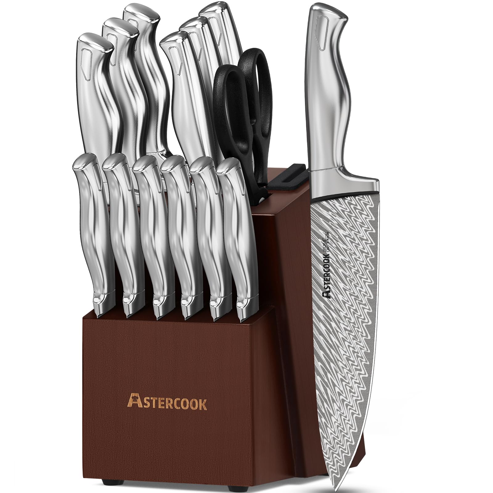 WIZEKA Kitchen Knife Set with Block, 15PCS Full Tang Professional Chef  Knife Set with Knife Sharpener, German Stainless Steel Knife Block Set,  Silver