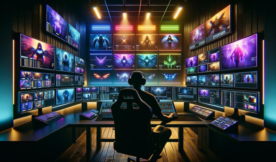 modern, high-tech control room with large screens displaying various Twitch streams, conveying a sense of excitement and dynamism in elevating a Twitch channel