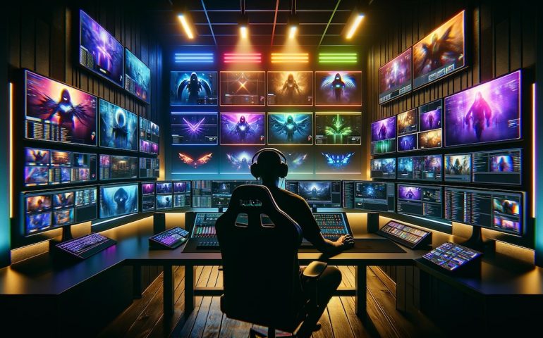 modern, high-tech control room with large screens displaying various Twitch streams, conveying a sense of excitement and dynamism in elevating a Twitch channel