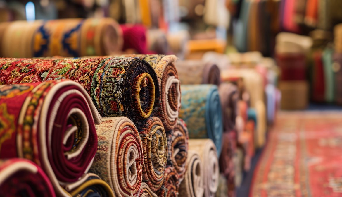 Colourful carpets on display, rolled up in a decor store