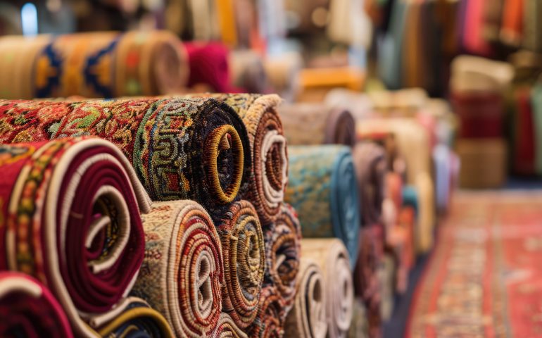 Colourful carpets on display, rolled up in a decor store