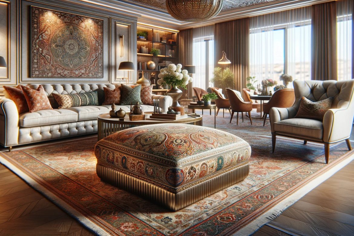 elegant living room with an intricately designed Ottoman as its centerpiece