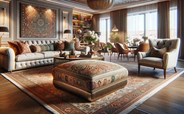 elegant living room with an intricately designed Ottoman as its centerpiece